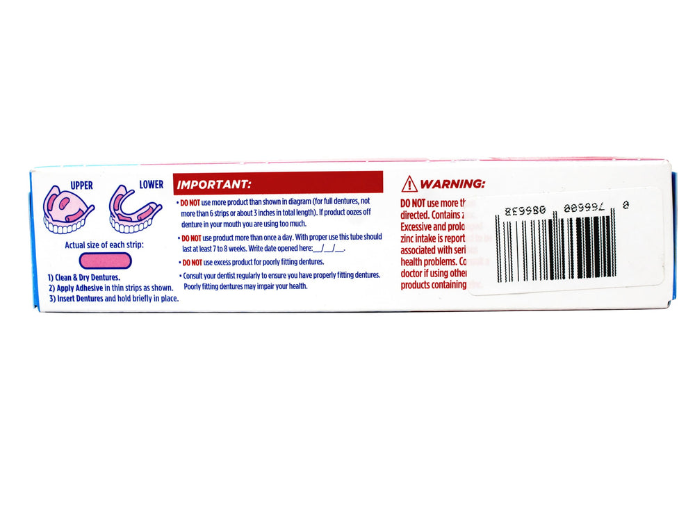 Brand packaging labeling highlights denture care purpose and daily use.