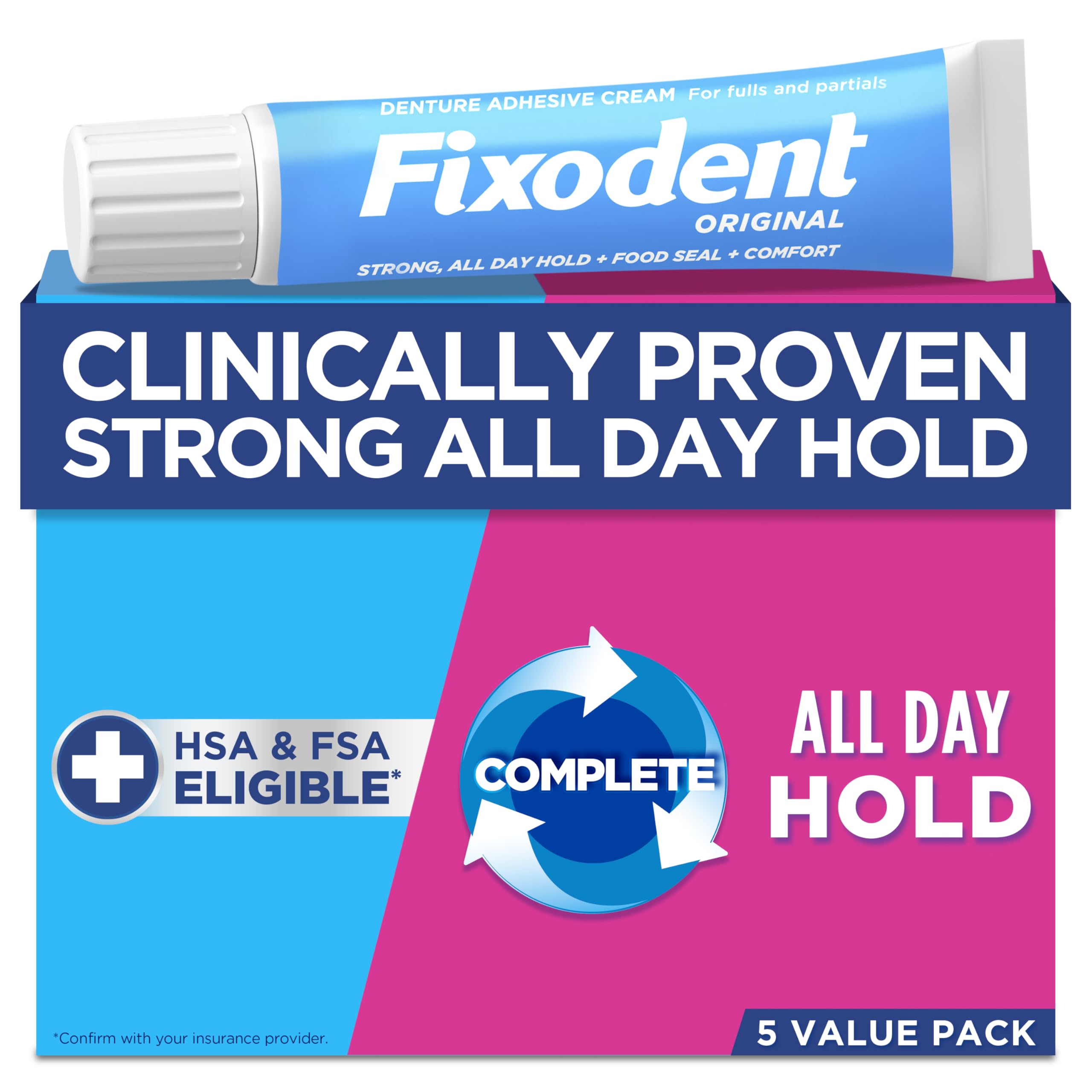 Fixodent Original denture adhesive tube pack for all-day hold and comfort.