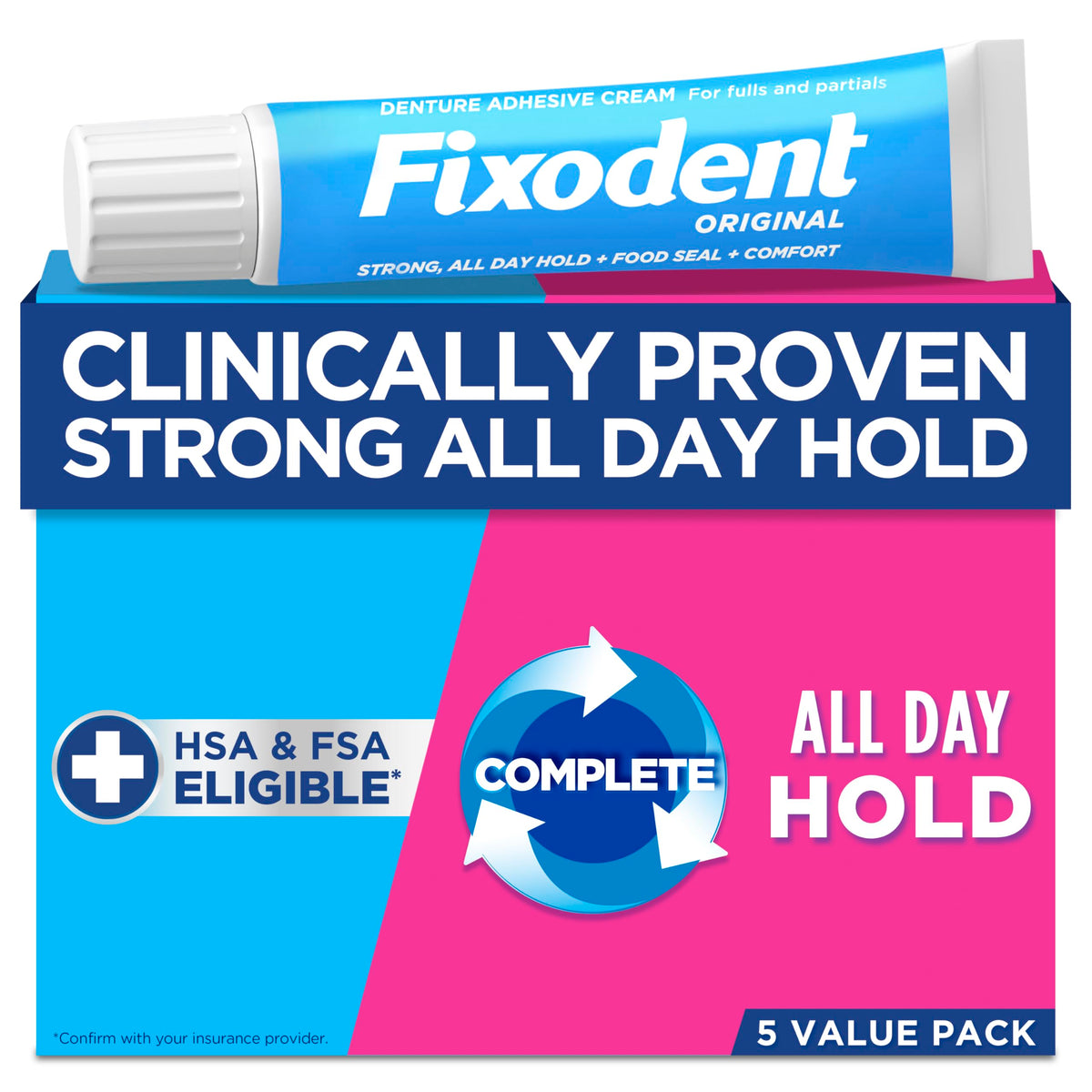 Fixodent Original denture adhesive tube pack for all-day hold and comfort.