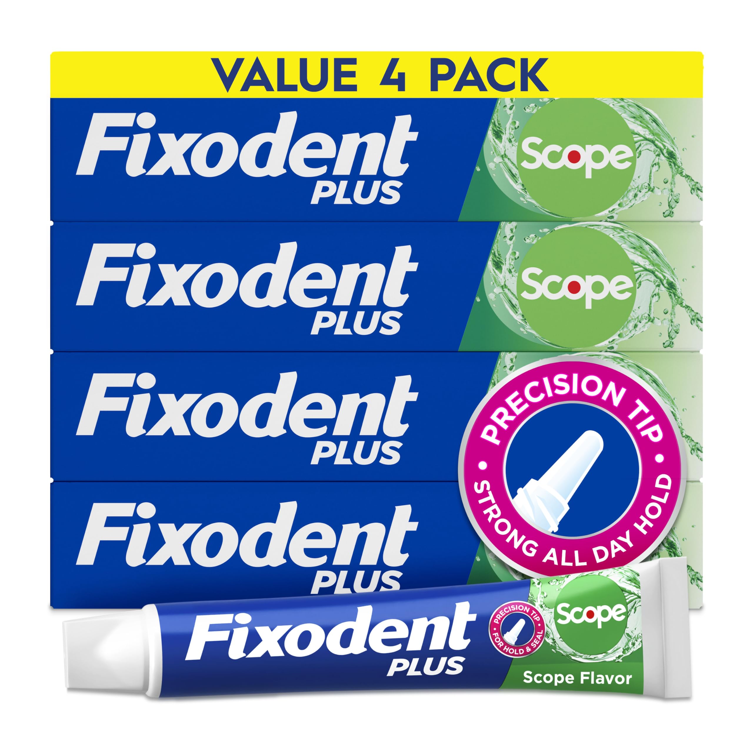 Fixodent Plus Scope adhesive tube in a four-pack for all-day hold