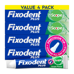 Fixodent Plus Scope adhesive tube in a four-pack for all-day hold