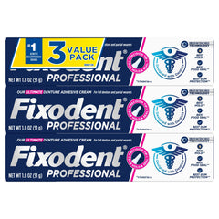 Fixodent Professional adhesive tube front showing strong all-day hold.