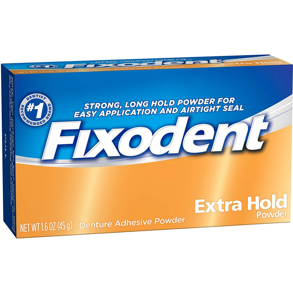 Fixodent Pwd Ex Hold powder on denture surface for a secure, long-lasting fit.