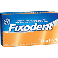 Fixodent Pwd Ex Hold powder on denture surface for a secure, long-lasting fit.