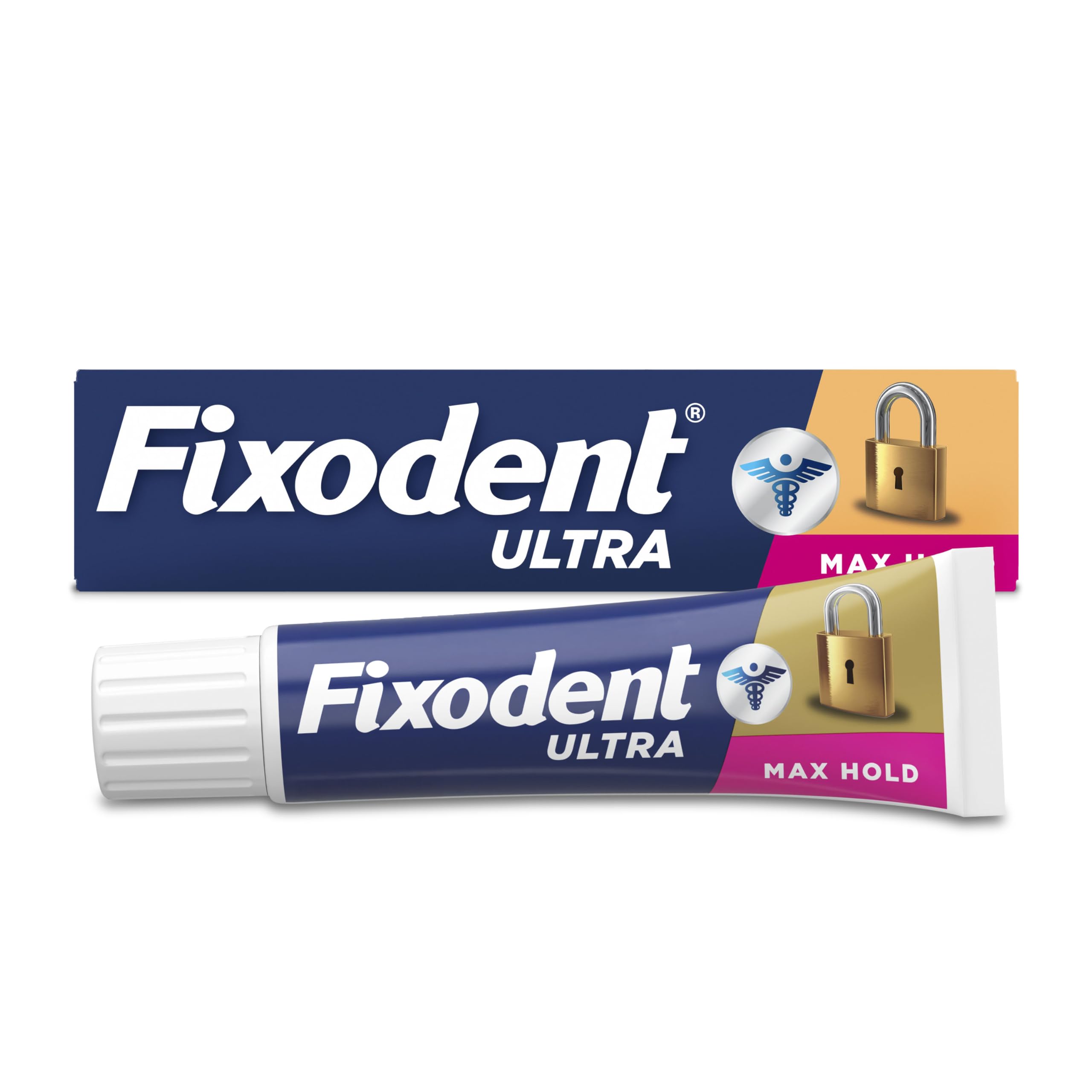 Fixodent Ultra Max Hold denture adhesive tube providing all-day hold
