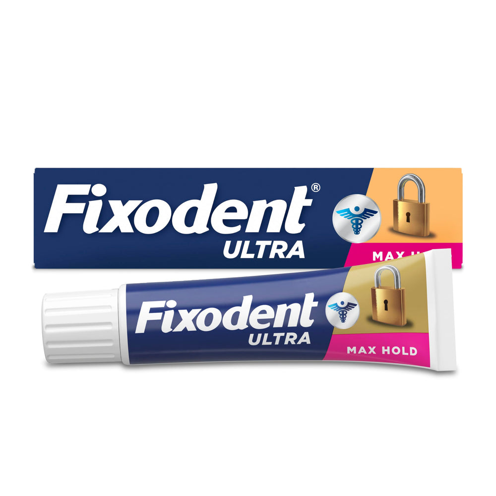 Fixodent Ultra Max Hold denture adhesive tube providing all-day hold