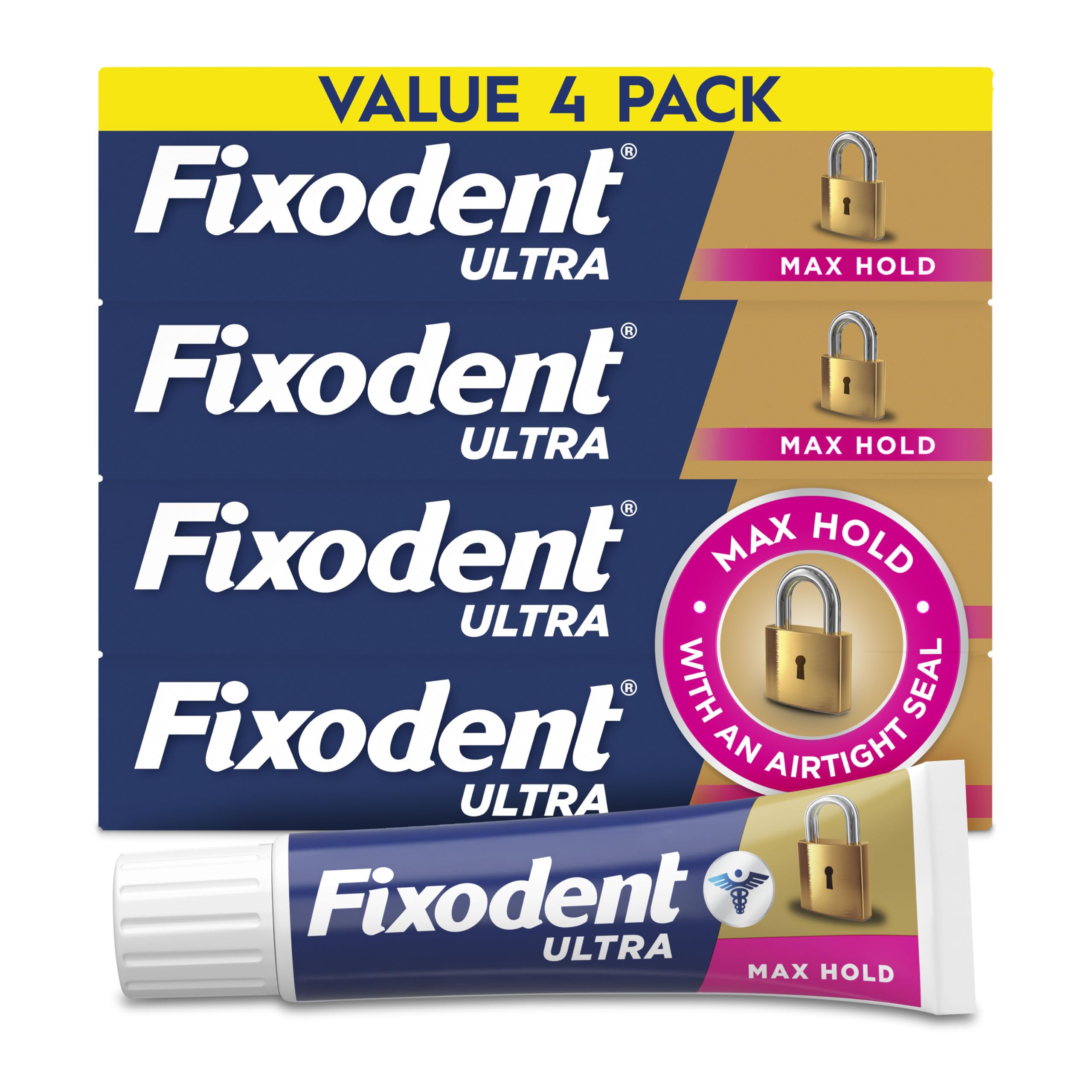 Fixodent Ultra Max Hold tube front view showing strong adhesion for dentures