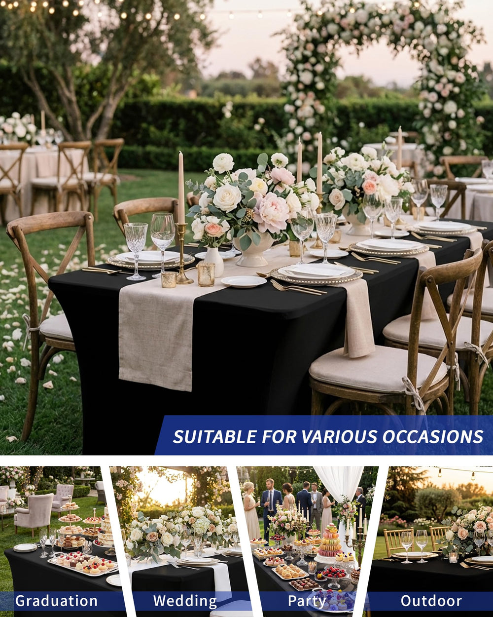 Fixwal black table cloth protects tables from dust and scratches at gatherings