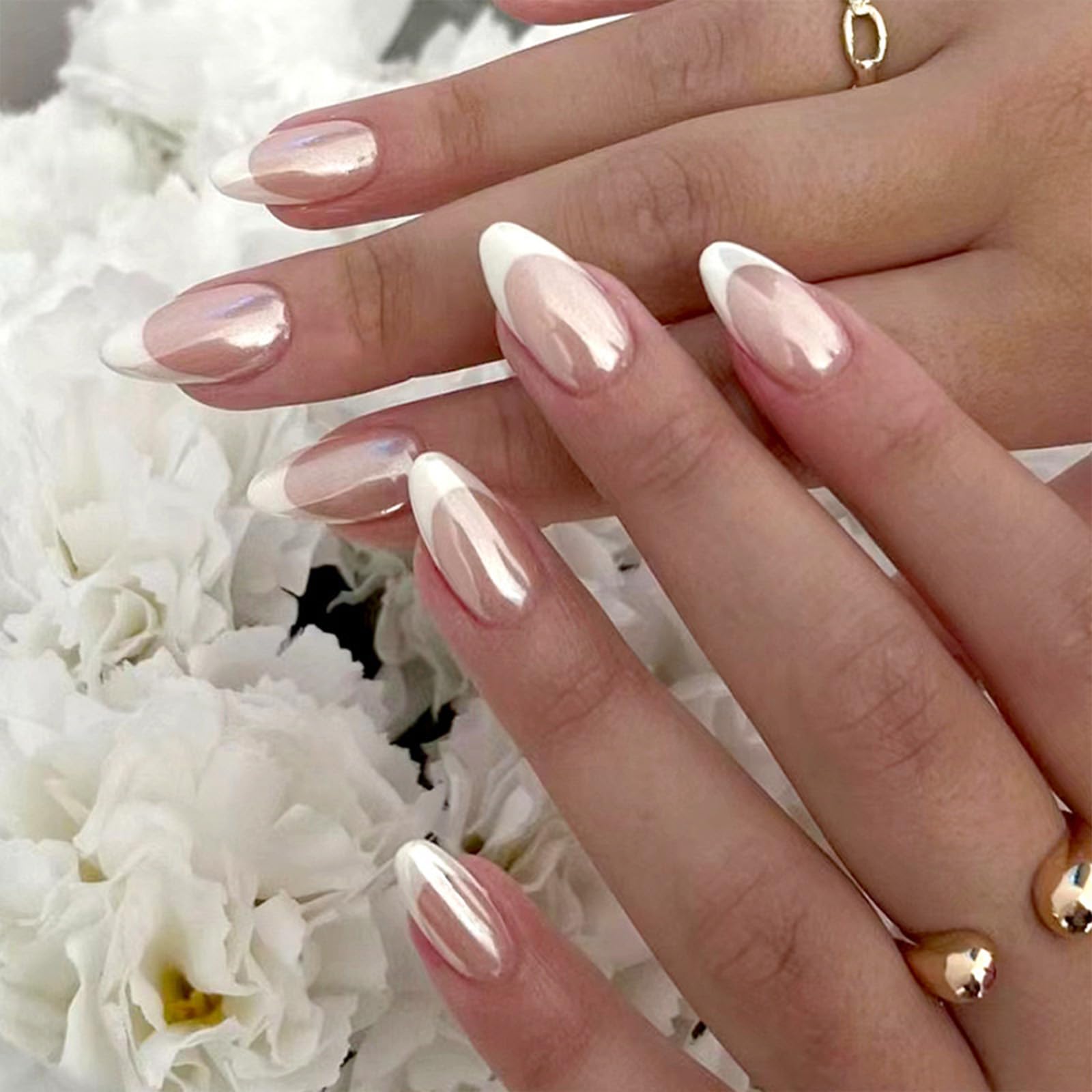 FJSMTOPl French Tip almond press-on nails for quick at-home manicure.