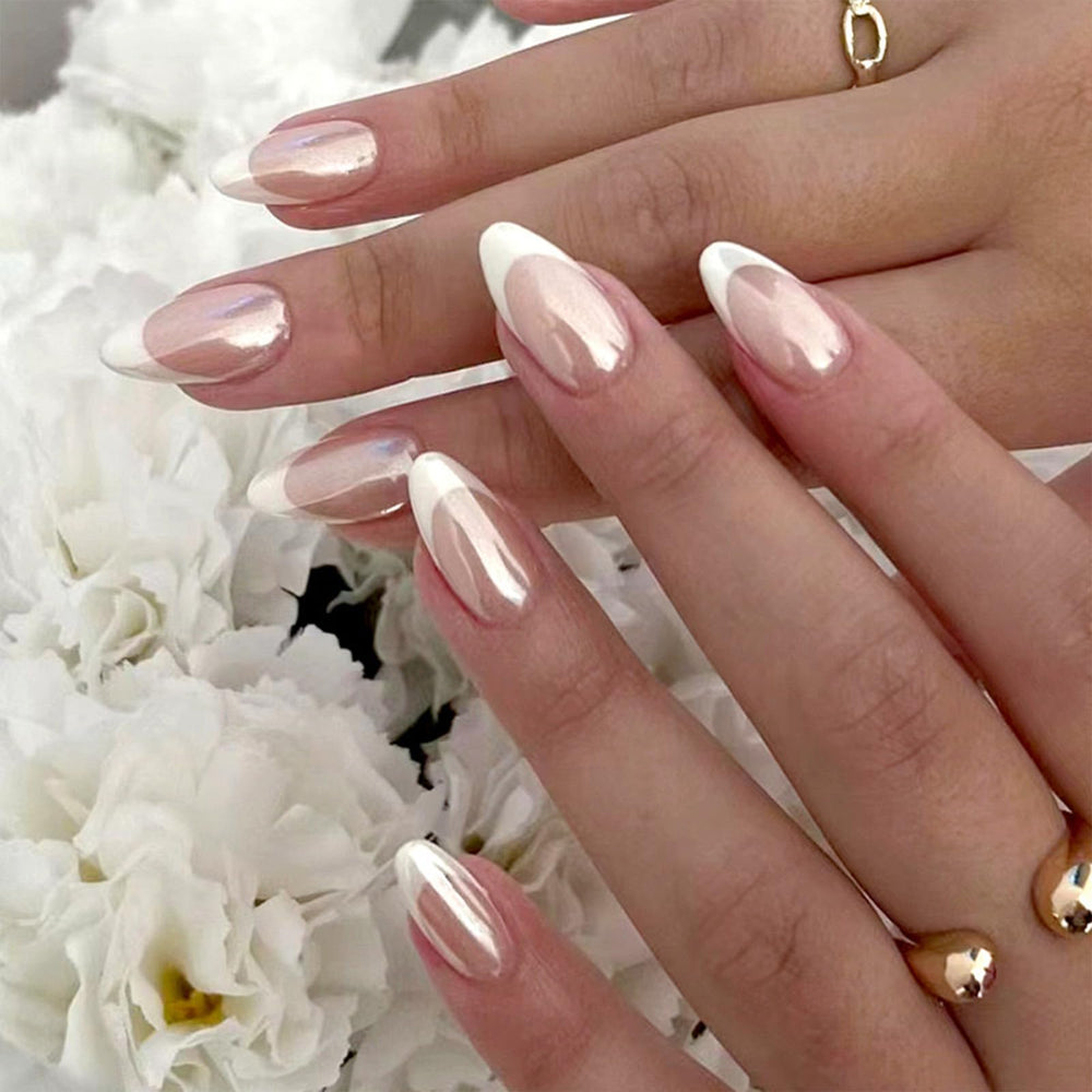 FJSMTOPl French Tip almond press-on nails for quick at-home manicure.