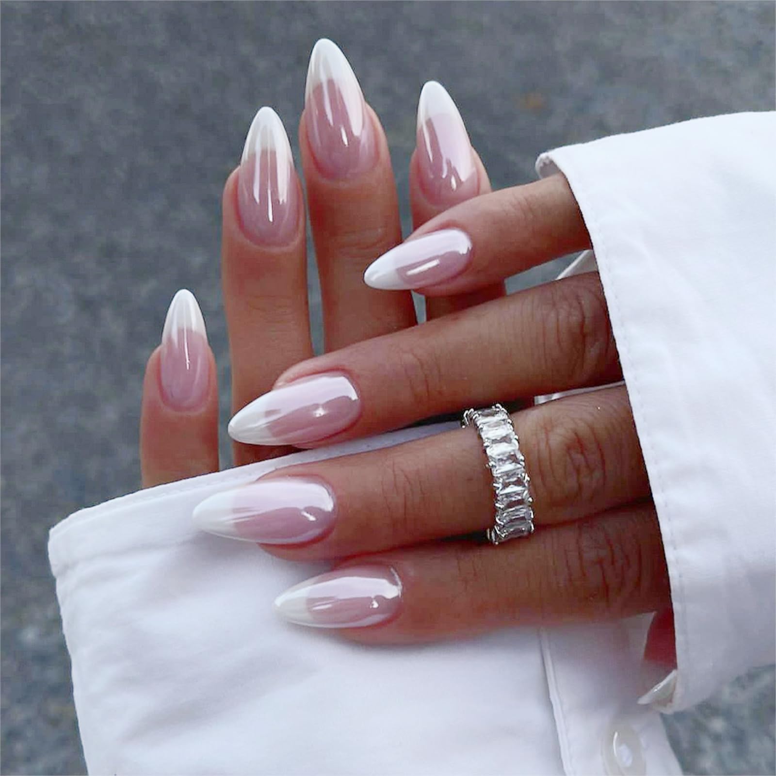 FJSMTOPl almond press-on nails with chrome design for chic at-home manicure