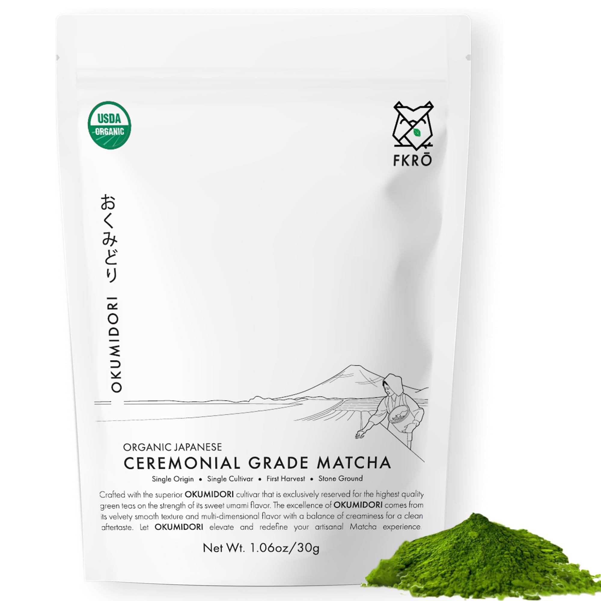 FKRO ceremonial matcha powder close-up, vibrant green for premium flavor