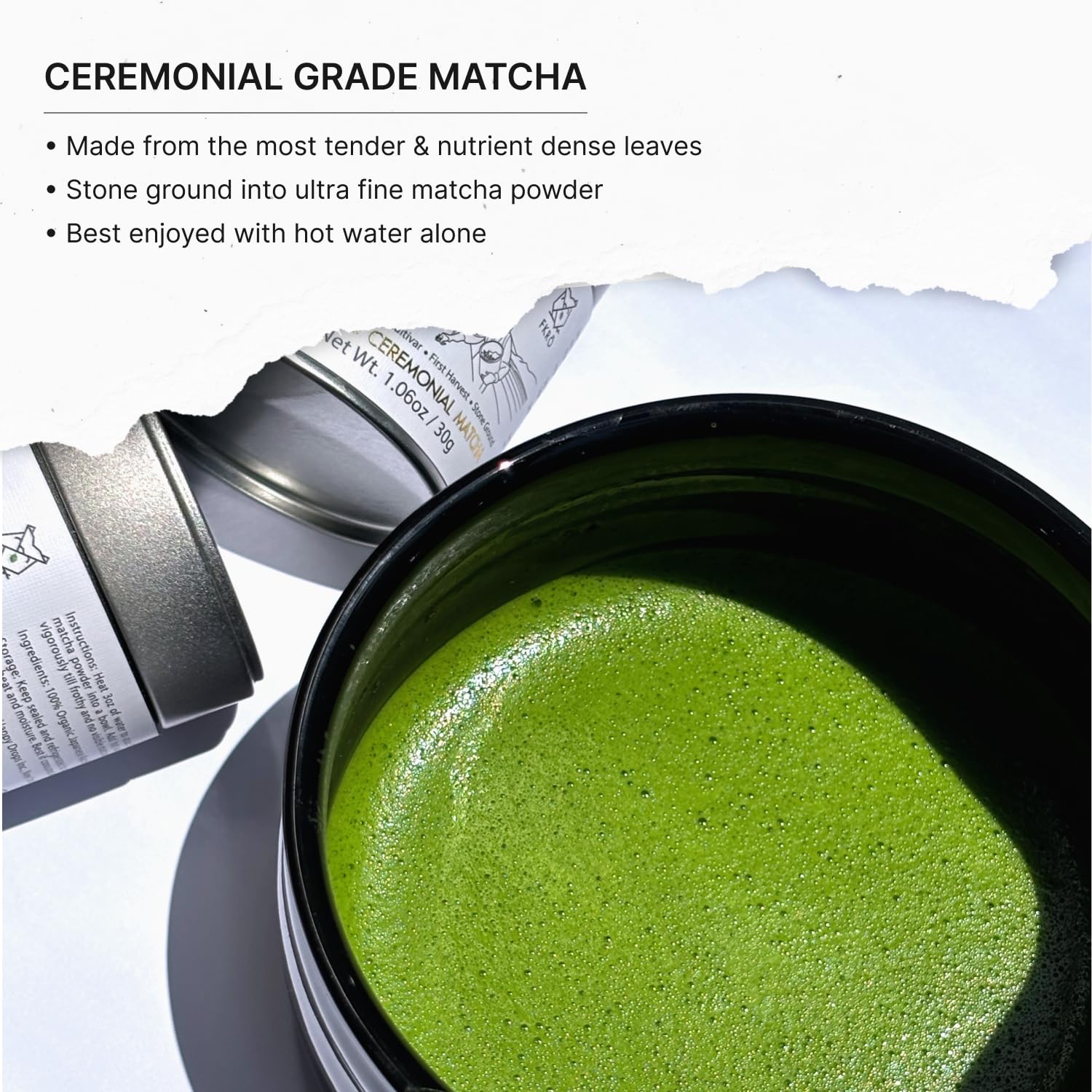 FKRO matcha powder in a bowl showing smooth texture.