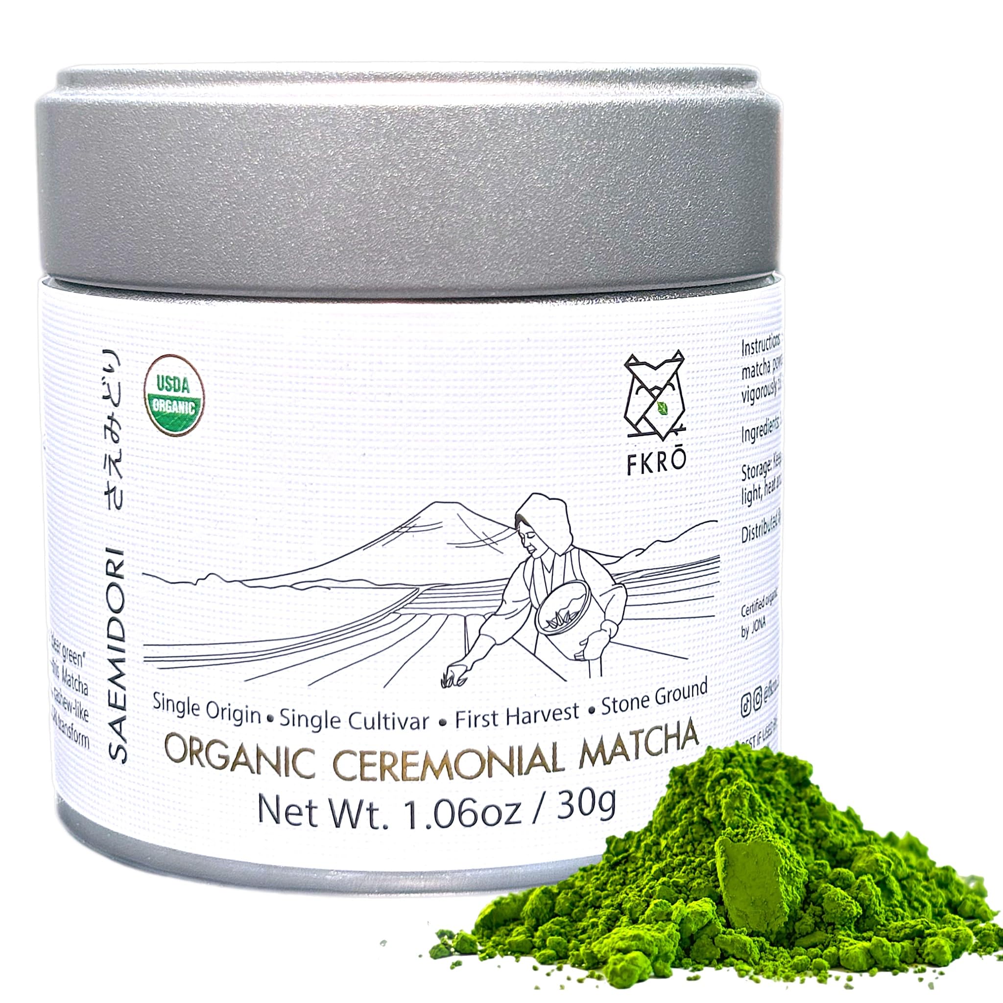 FKRO ceremonial-grade matcha tin close-up for premium tea rituals.