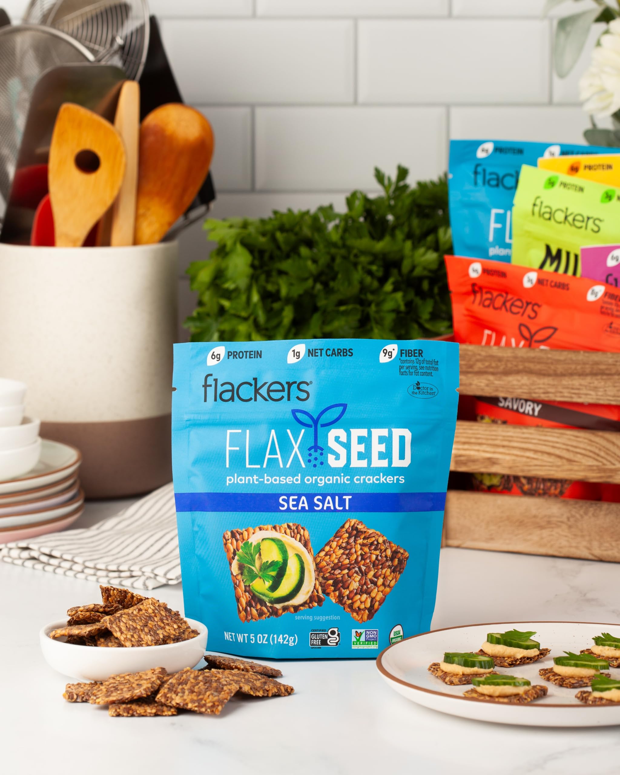 Flackers gluten-free kitchen scene for healthy snacking.