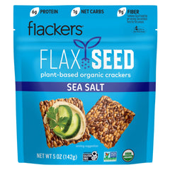Flackers organic sea salt flaxseed crackers package, gluten-free snack option.