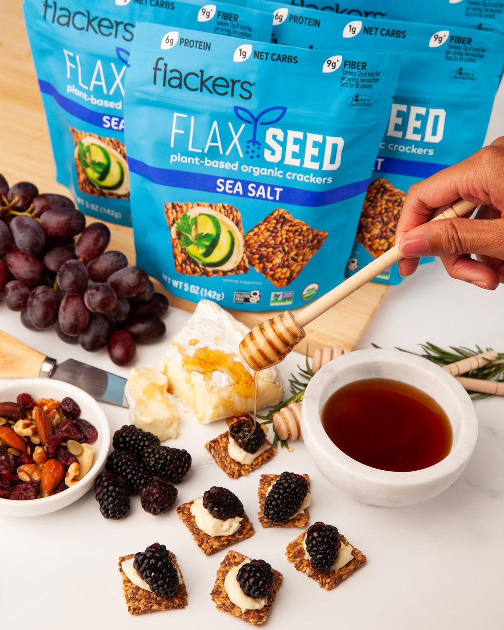 Flackers packaging and branding on shelf.