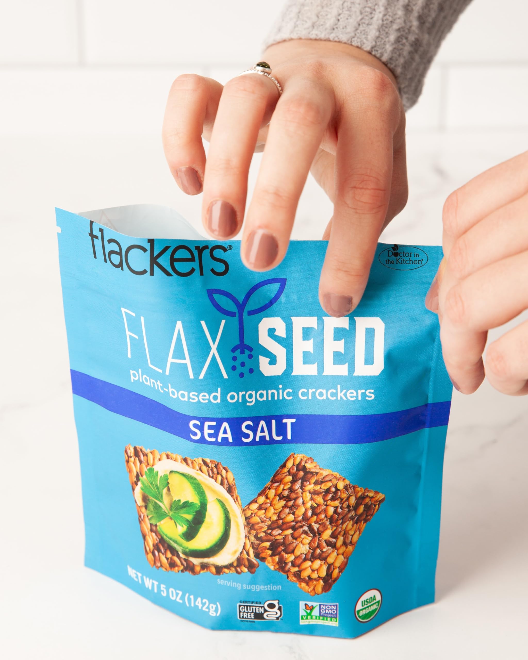 Flackers sea salt crystals on cracker surface.