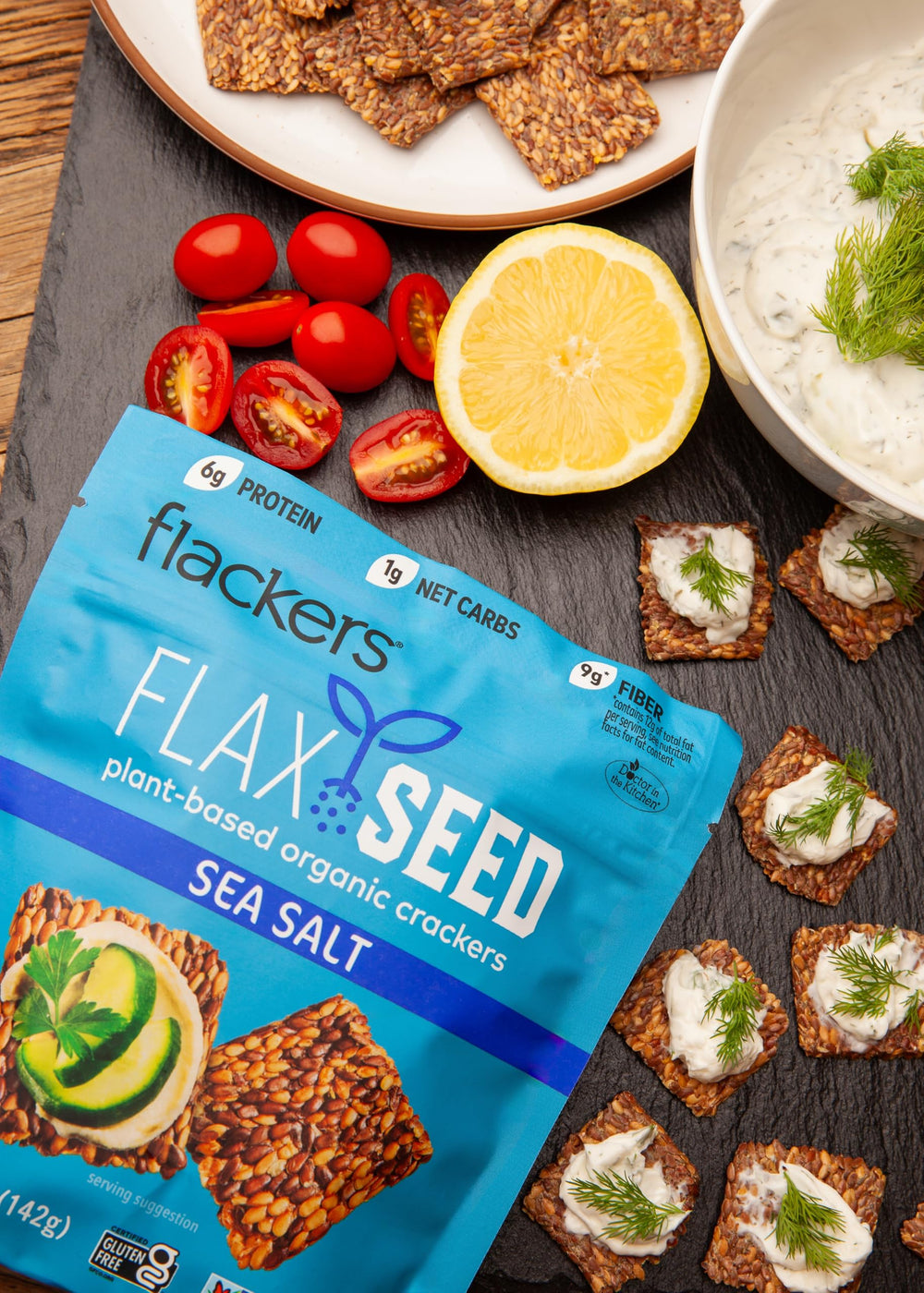 Flackers vegan snack on plate with lime.