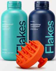 Flakes shampoo bottle closeup highlighting sulfate-free formula for a healthy scalp.