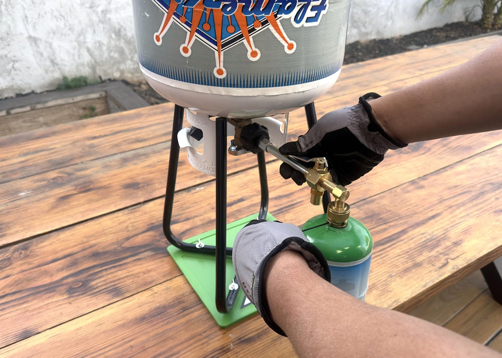 Flame King home refilling setup demonstrating at-home propane refill process.