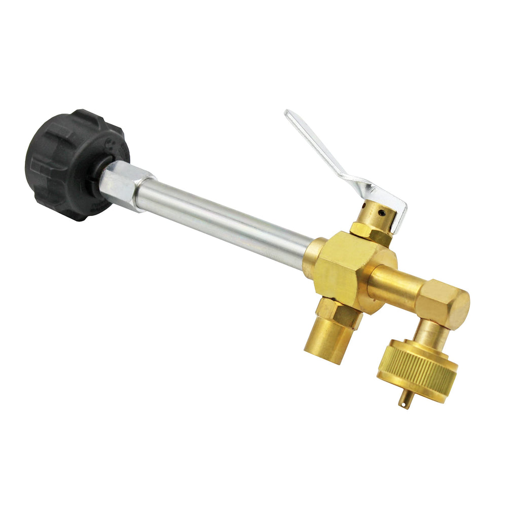 Flame King propane refill adapter with 90-degree bend enabling upright refilling.