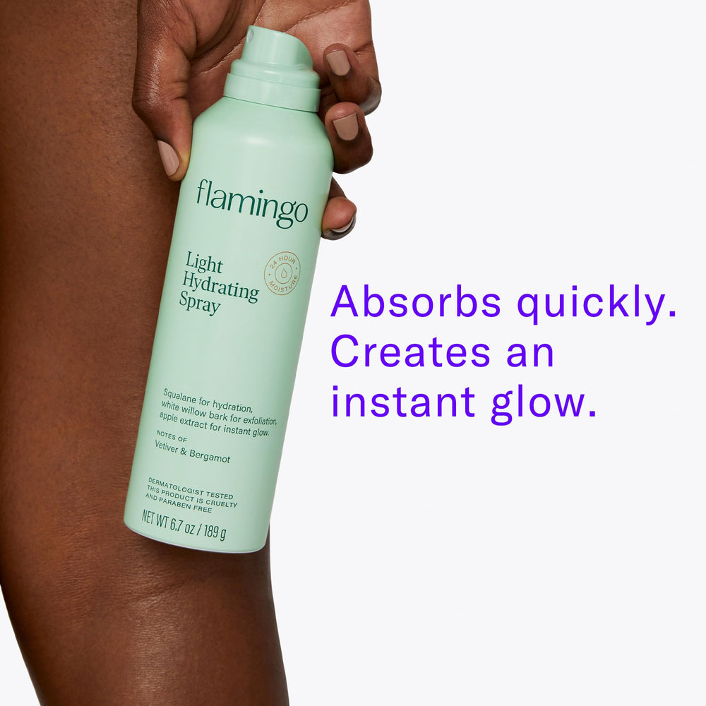 Flamingo bottle label emphasizes 24-hour moisture and clean formula.