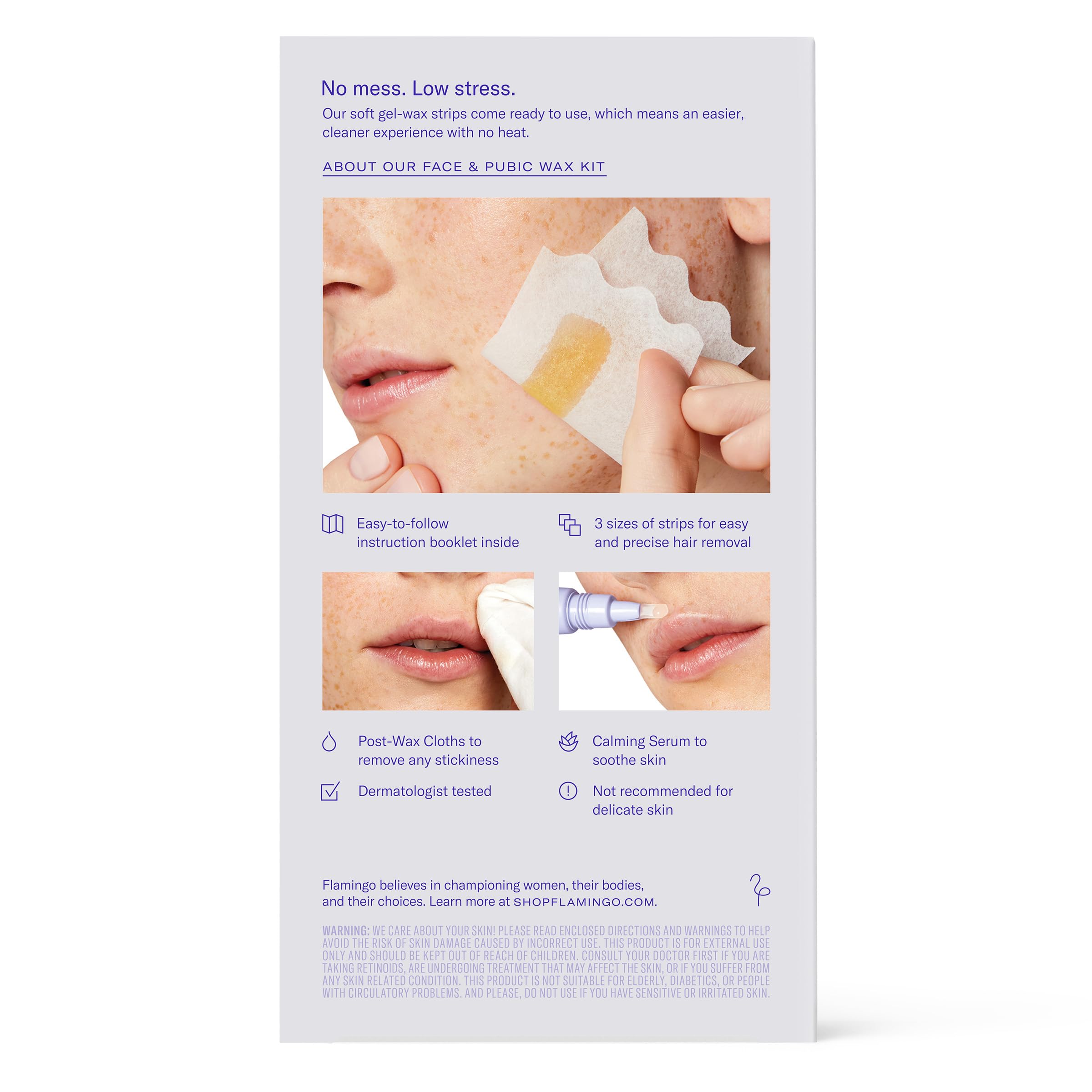 Flamingo bikini and facial wax strips for precise body hair removal.