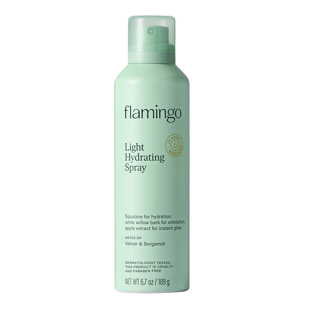 Flamingo light hydrating spray bottle delivers quick, non-greasy moisture for daily use.