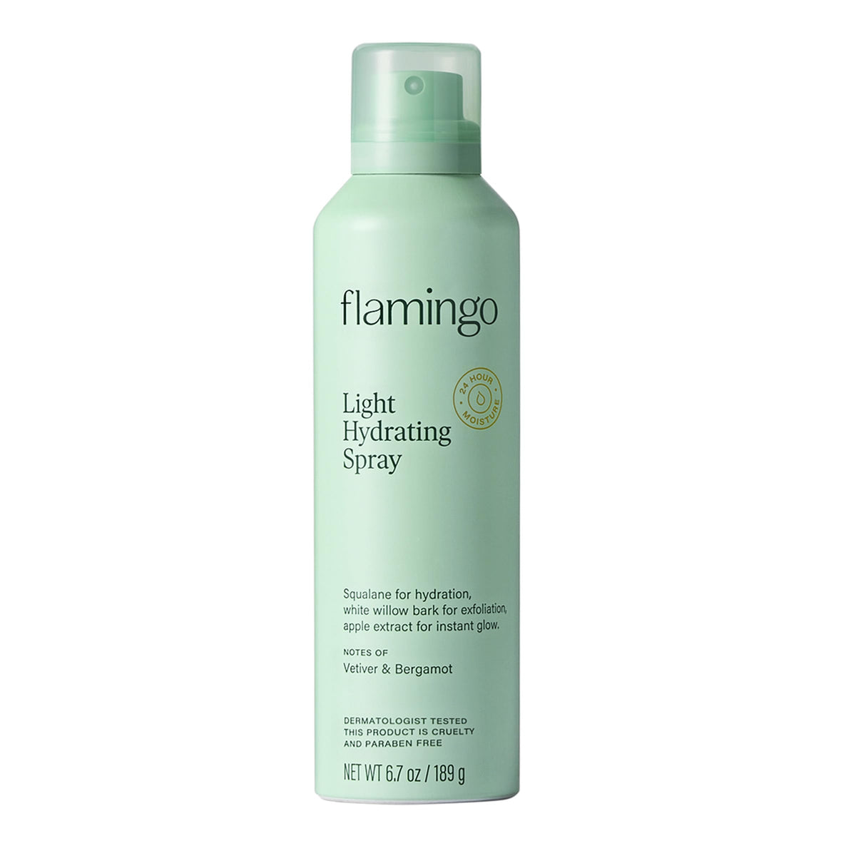 Flamingo light hydrating spray bottle delivers quick, non-greasy moisture for daily use.