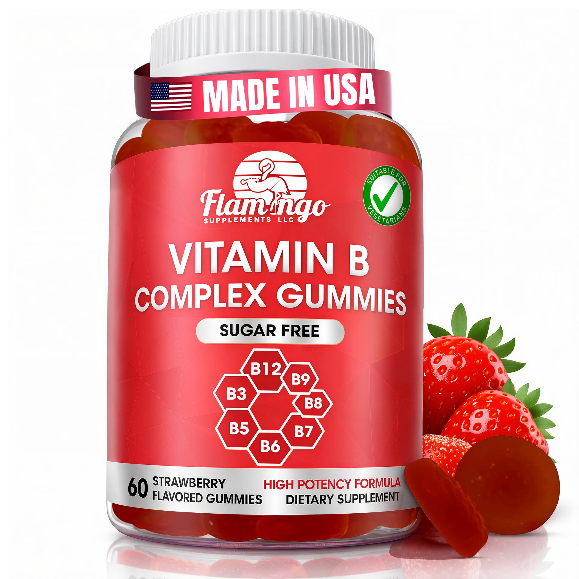 Flamingo Supplements Sugar Free Vitamin B Complex bottle front shows vegan gummy option