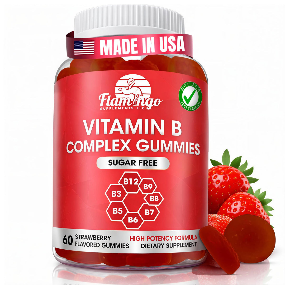 Flamingo Supplements Sugar Free Vitamin B Complex bottle front shows vegan gummy option