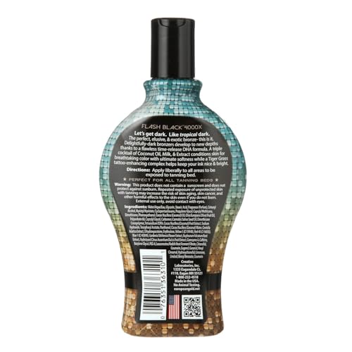 Flash Black European Gold 4000X time-release bronzers promote gradual color development.