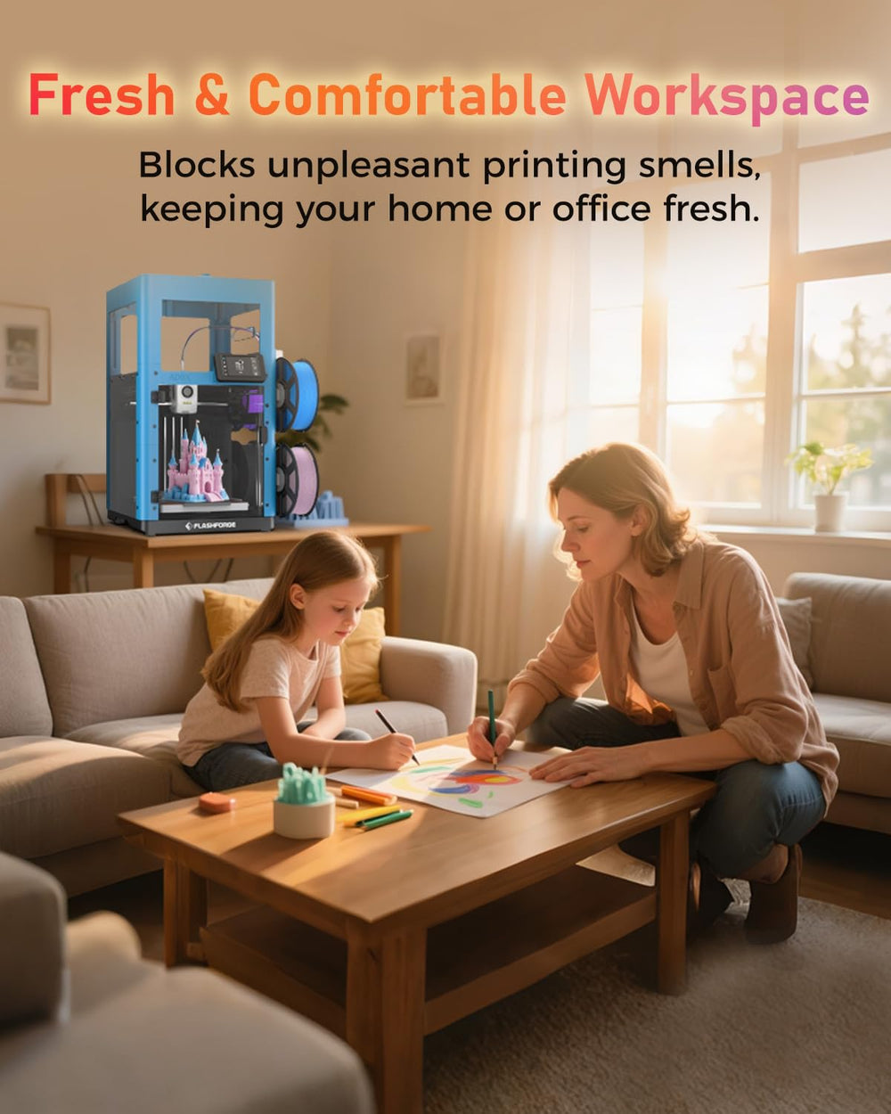 FLASHFORGE AD5X enclosure odor control feature supports a comfortable workspace.