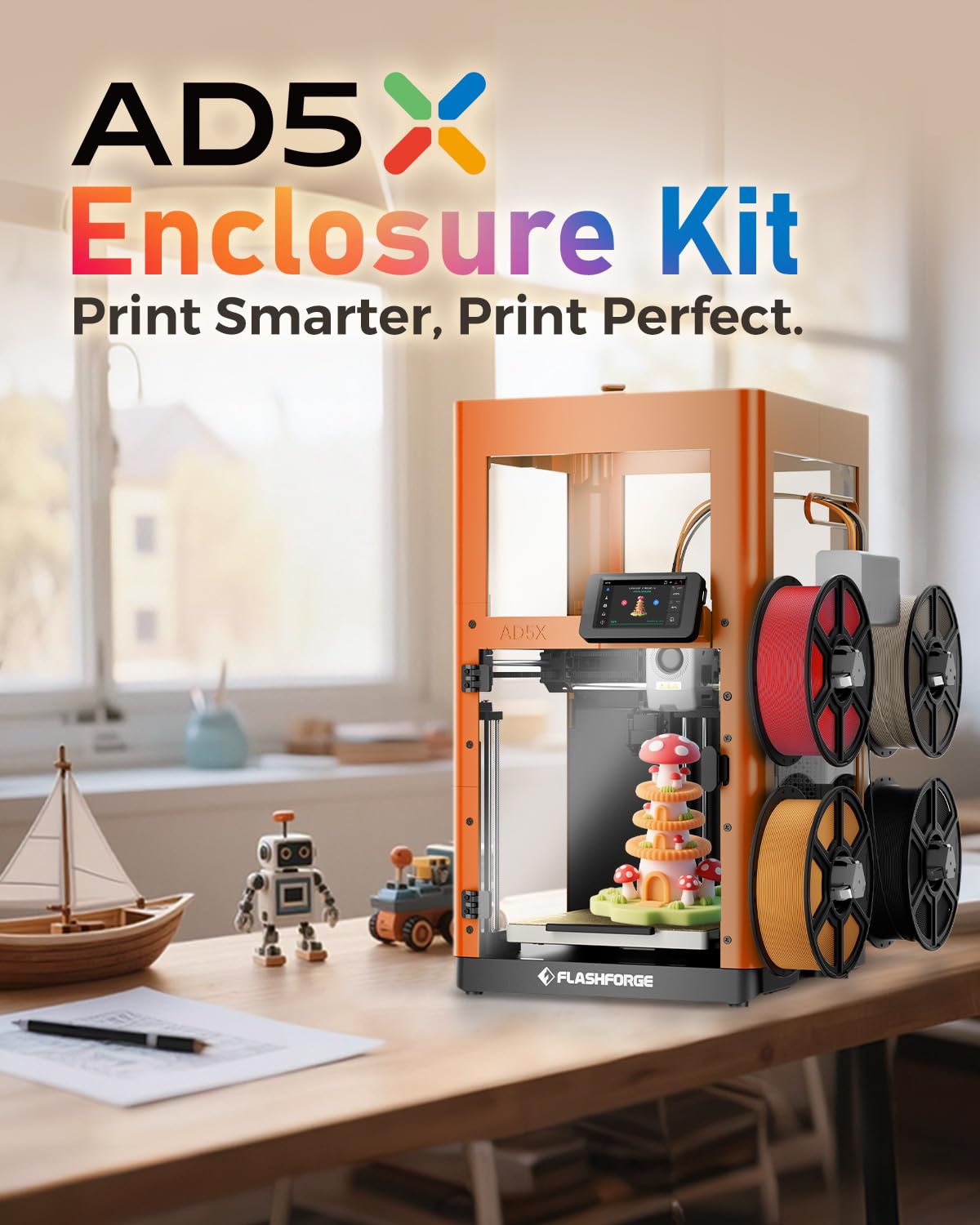 FLASHFORGE AD5X enclosure side panel demonstrates sturdy construction and easy access.