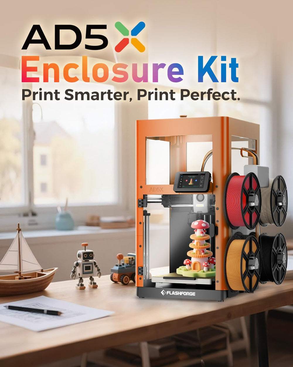 FLASHFORGE AD5X enclosure side panel demonstrates sturdy construction and easy access.