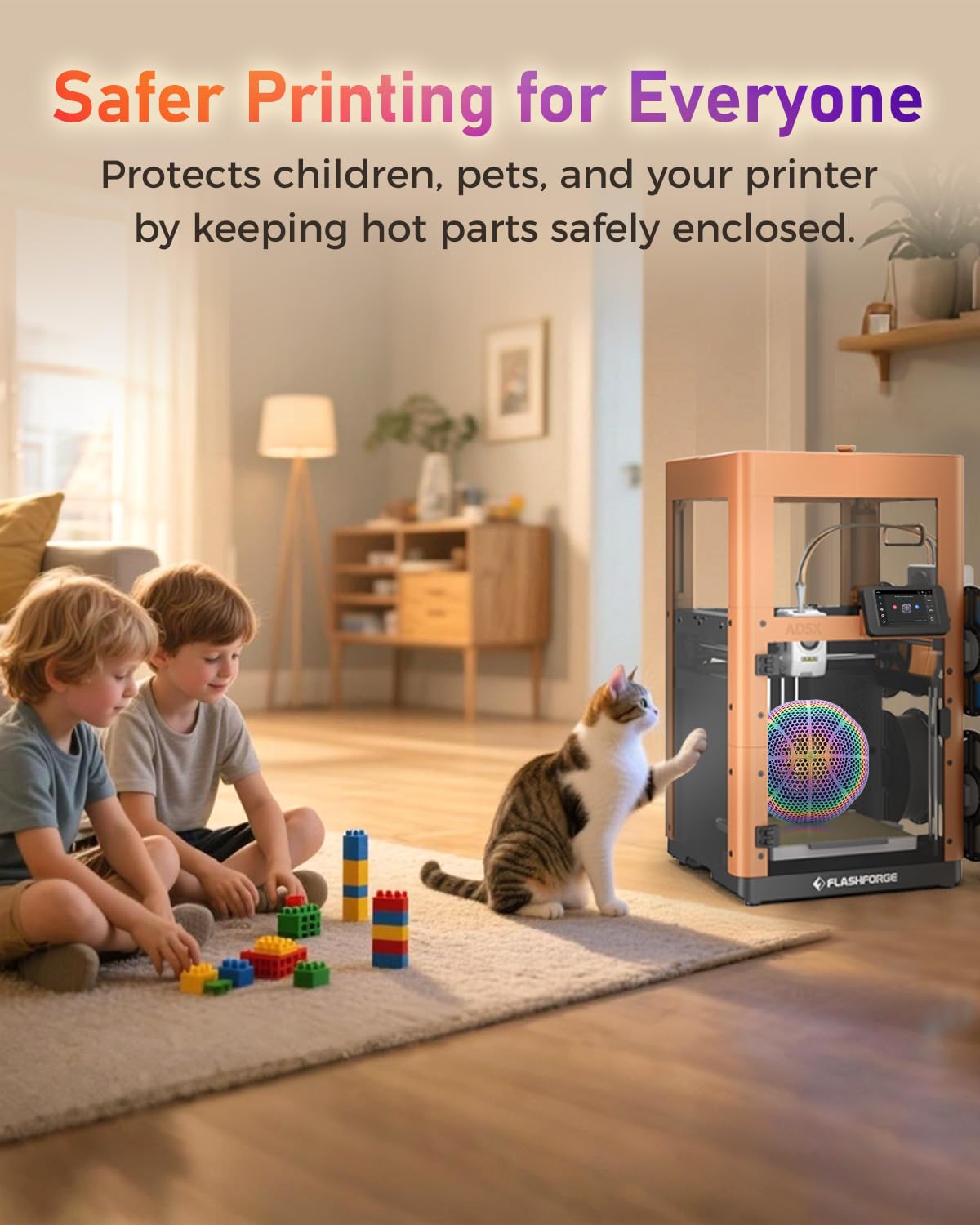 FLASHFORGE AD5X enclosure temp-stable chamber supports ABS and PC printing.