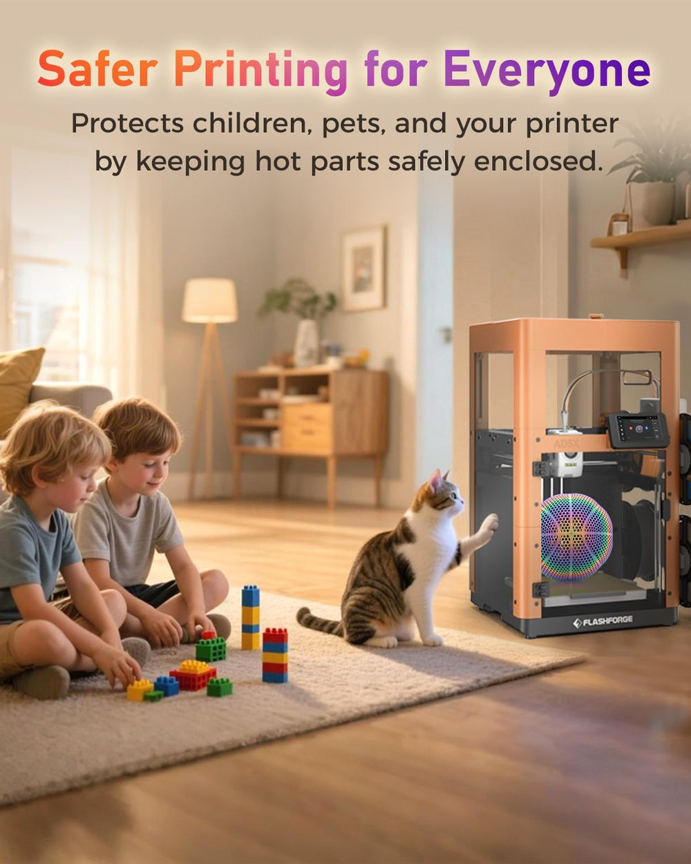 FLASHFORGE AD5X enclosure temp-stable chamber supports ABS and PC printing.