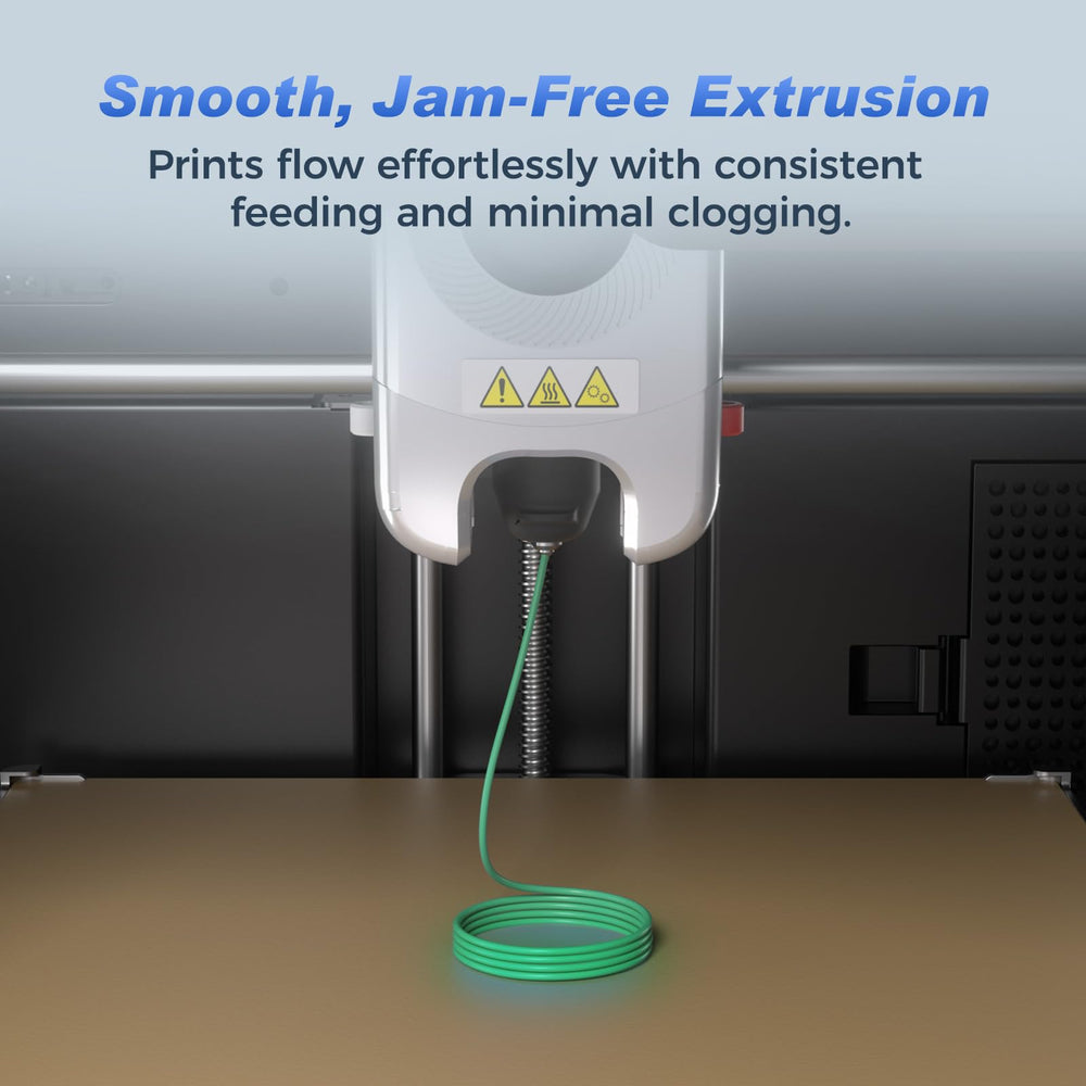 Nozzle extrusion of FLASHFORGE Aurora Green delivering steady high speed flow.