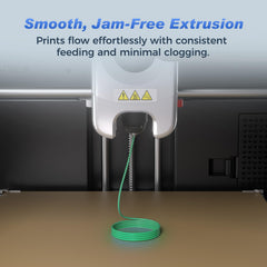 Nozzle extrusion of FLASHFORGE Aurora Green delivering steady high speed flow.