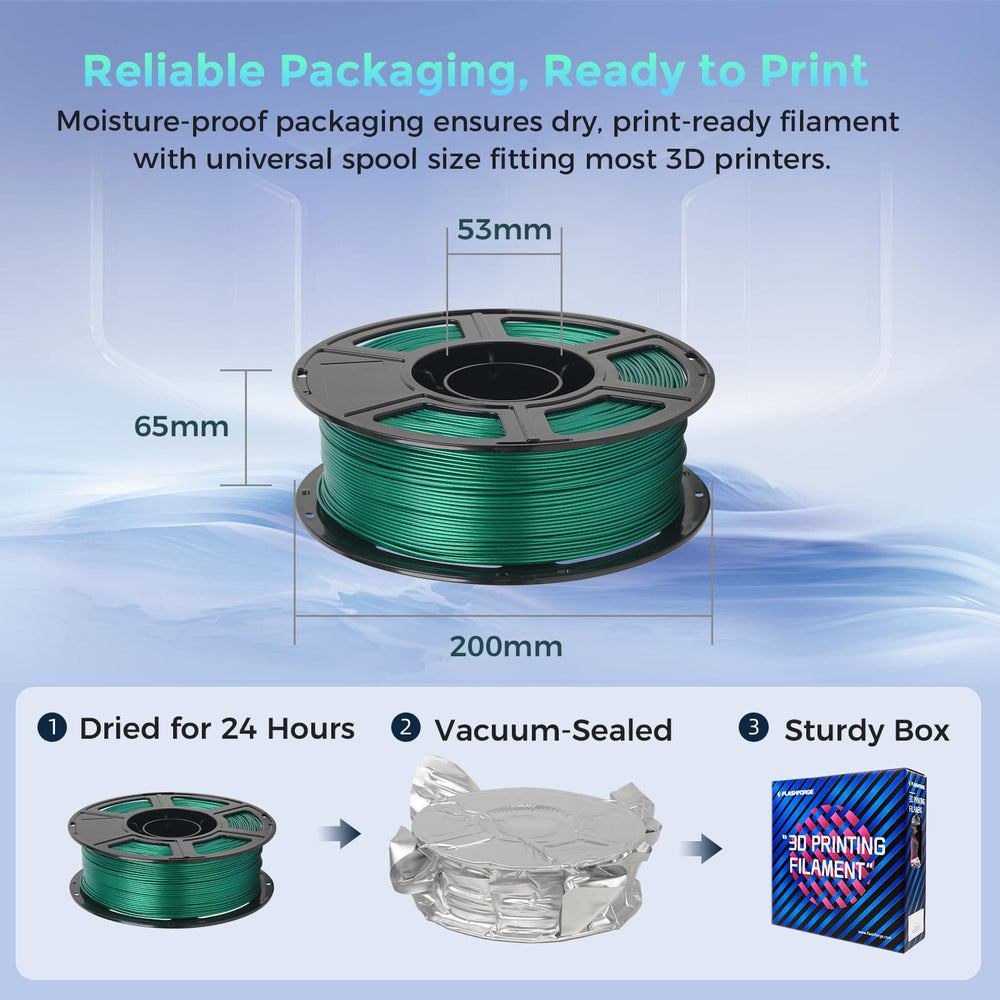 Packaging of FLASHFORGE Aurora Green filament on compact spool.