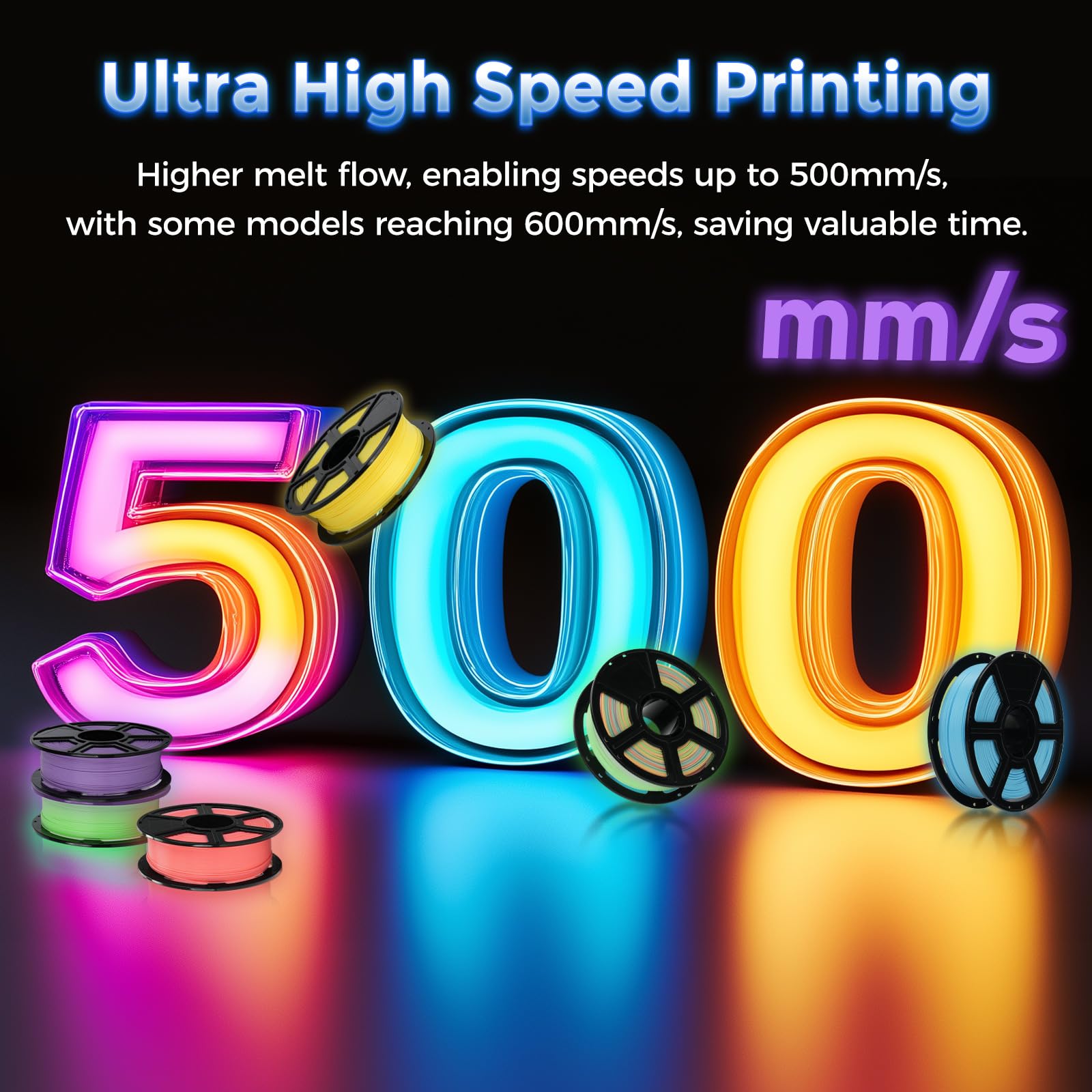 FlashForge Glow Rainbow PLA filament side view showing vivid color and stable dimensions.