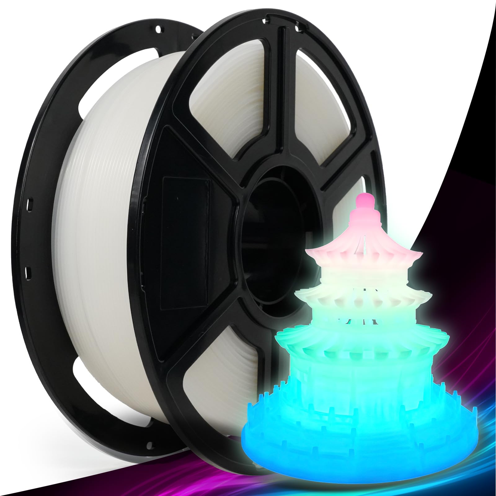 FlashForge Rapid PLA Glow Rainbow filament on spool for vibrant glow-in-the-dark prints.