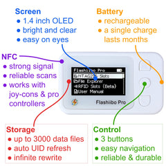 Flashiibo Pro NFC Emulator 1.4-inch OLED screen enables clear navigation on the go.