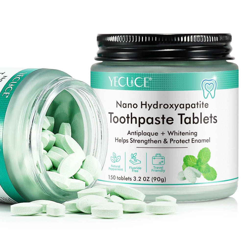 Flasture toothpaste tablets in a glass jar packaging for eco-friendly oral care on the go.