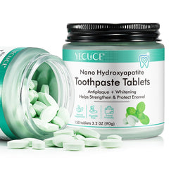 Flasture toothpaste tablets in a glass jar packaging for eco-friendly oral care on the go.