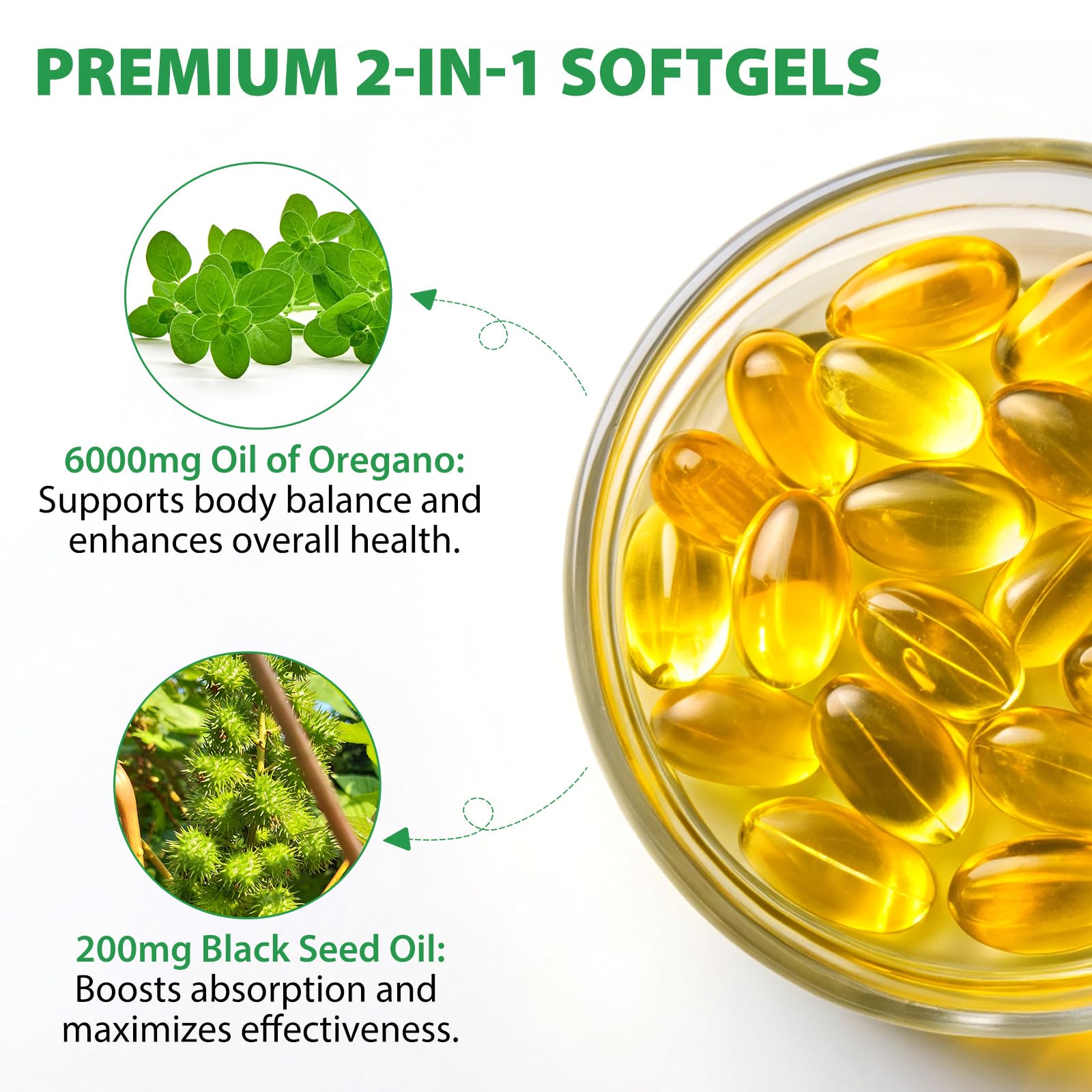 Flasture Oil of Oregano Softgels pour showing a ready-to-use serving.