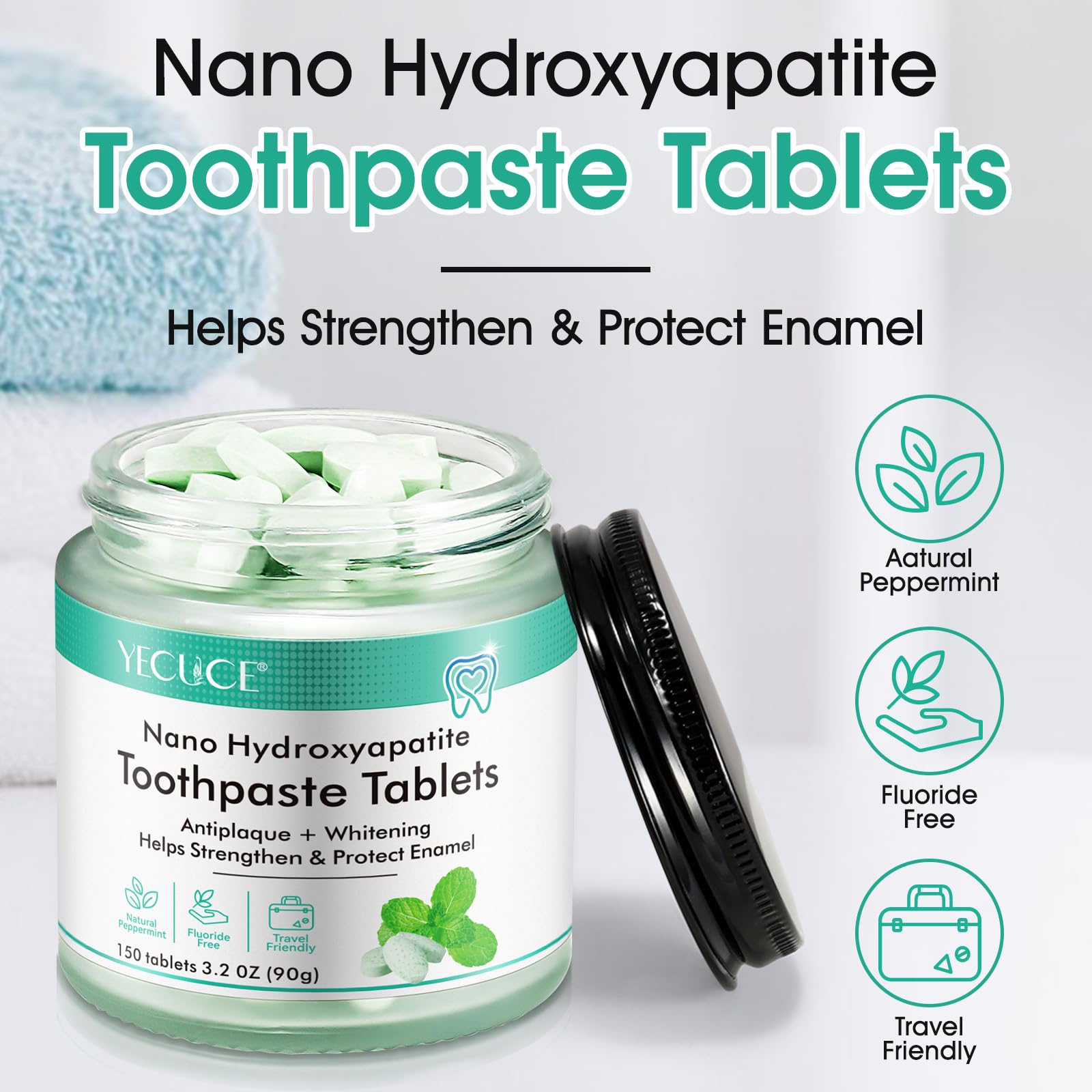 Flasture tablets remineralization closeup shows nano-hydroxyapatite for enamel strengthening.
