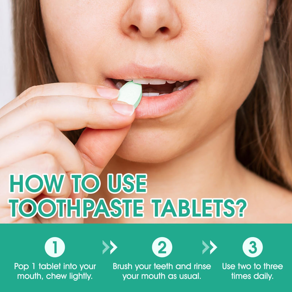 Flasture toothpaste tablets sensitive-teeth-friendly display suggests gentle cleaning.