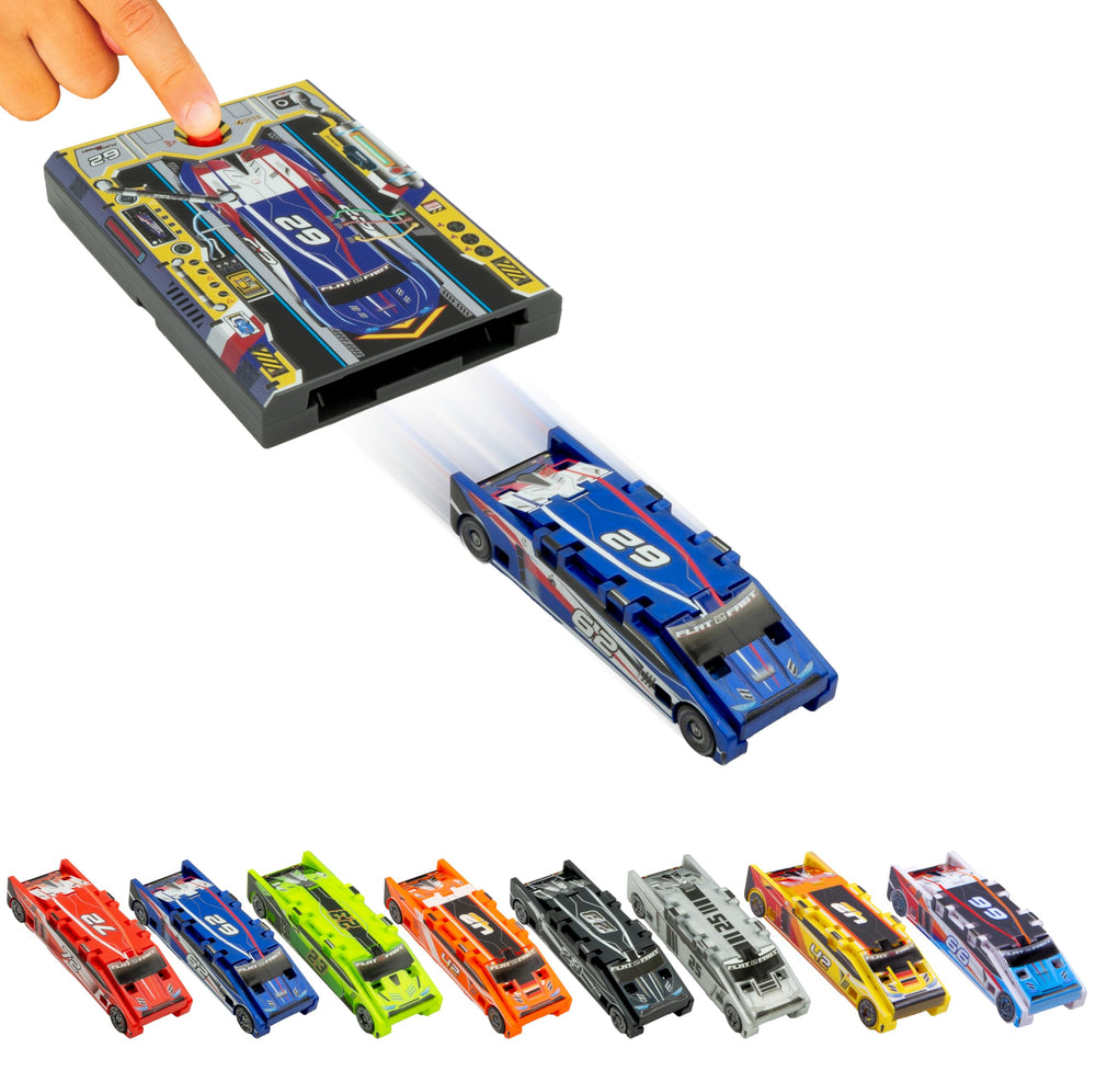 Flat 2 Fast original stunt card racer cobalt blue ready for fearless on-the-go play.